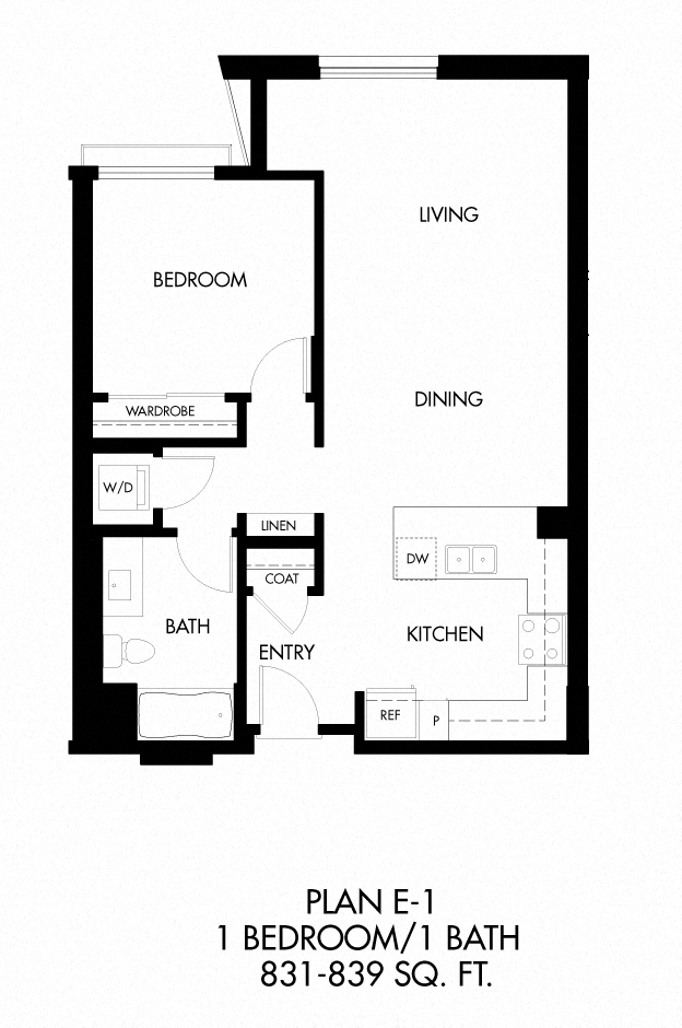 Floor plan for 1 bed, 1 bath, 837 sqft
